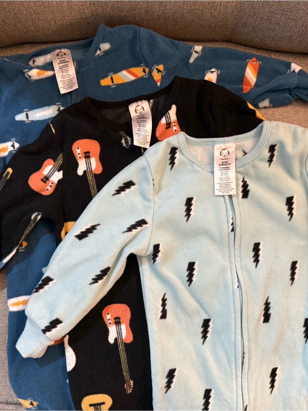 Gerber Light Blue, Black & Navy Guitar and Lightning Kids Fleece Footless Onesie